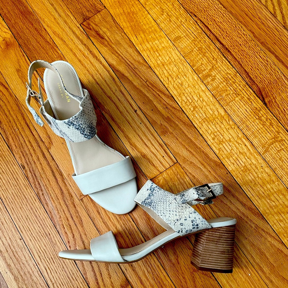 Josie Leather Ankle Snake Embossed Strap Chunky Block Kitten Heels sandals 9.5
